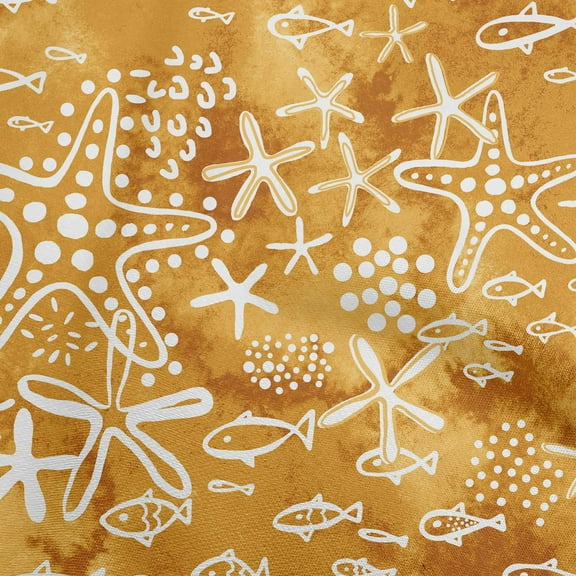 oneOone Polyester Spandex Dark Mustard Fabric Starfish & Fish Sewing Craft Projects Fabric Prints By Yard 56 Inch Wide
