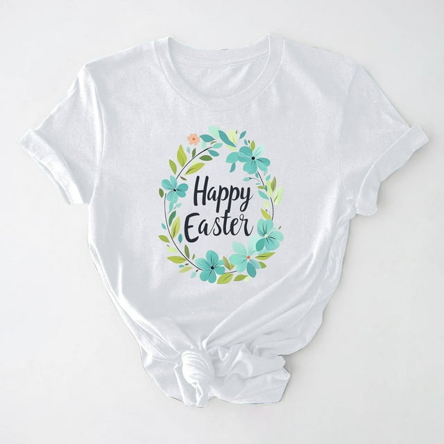 UPPADA Easter Femmes Oeufs Imprimé T-Shirts Heureux Easter Graphique Bunny Lapin Mignon T-Shirts Manches Courtes Décontracté Col Rond T-Shirts Été Basique Coupe Régulière Chemises Blanc,m