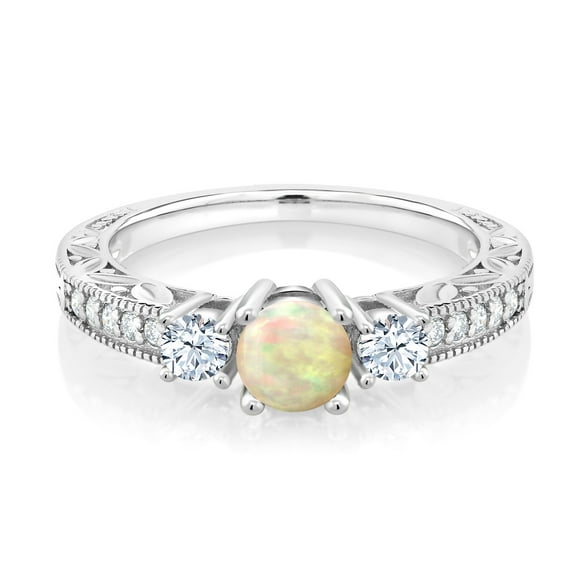 Gem Stone King 0.65 Ct Cabochon White Ethiopian Opal 925 Sterling Silver 3-Stone Engagement Ring (Size 6)