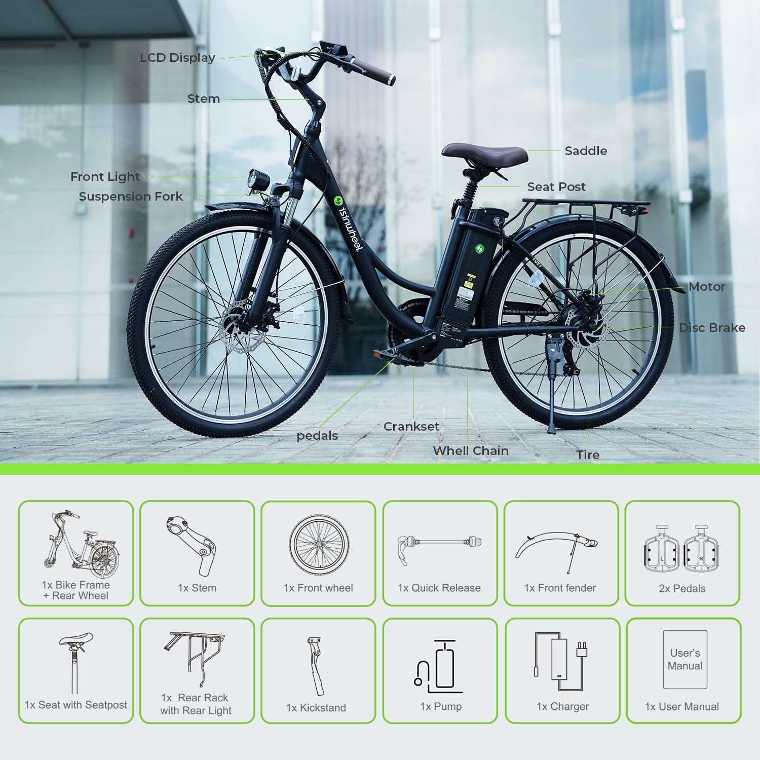 isinwheel 26'' Electric Bike for Adults, 350W Electric Cruiser Bicycle up to 45 Miles, Removeable Battery, 7-Speed and Shock Absorber Commuter E-Bike
