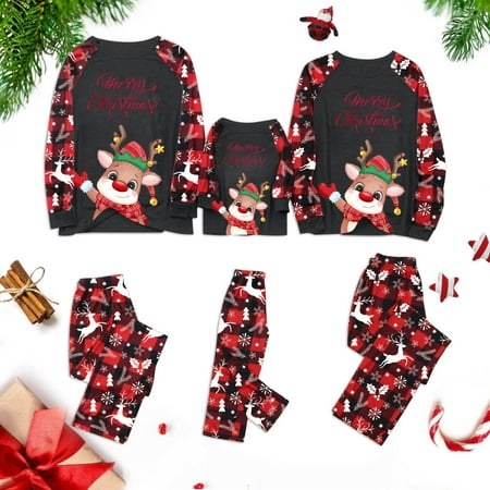 

Family Christmas Deer Print Parent-child Christmas Plaid Christmas Long Sleeved Trousers Pajamas Homewear Three Piece Suit Set for Dad