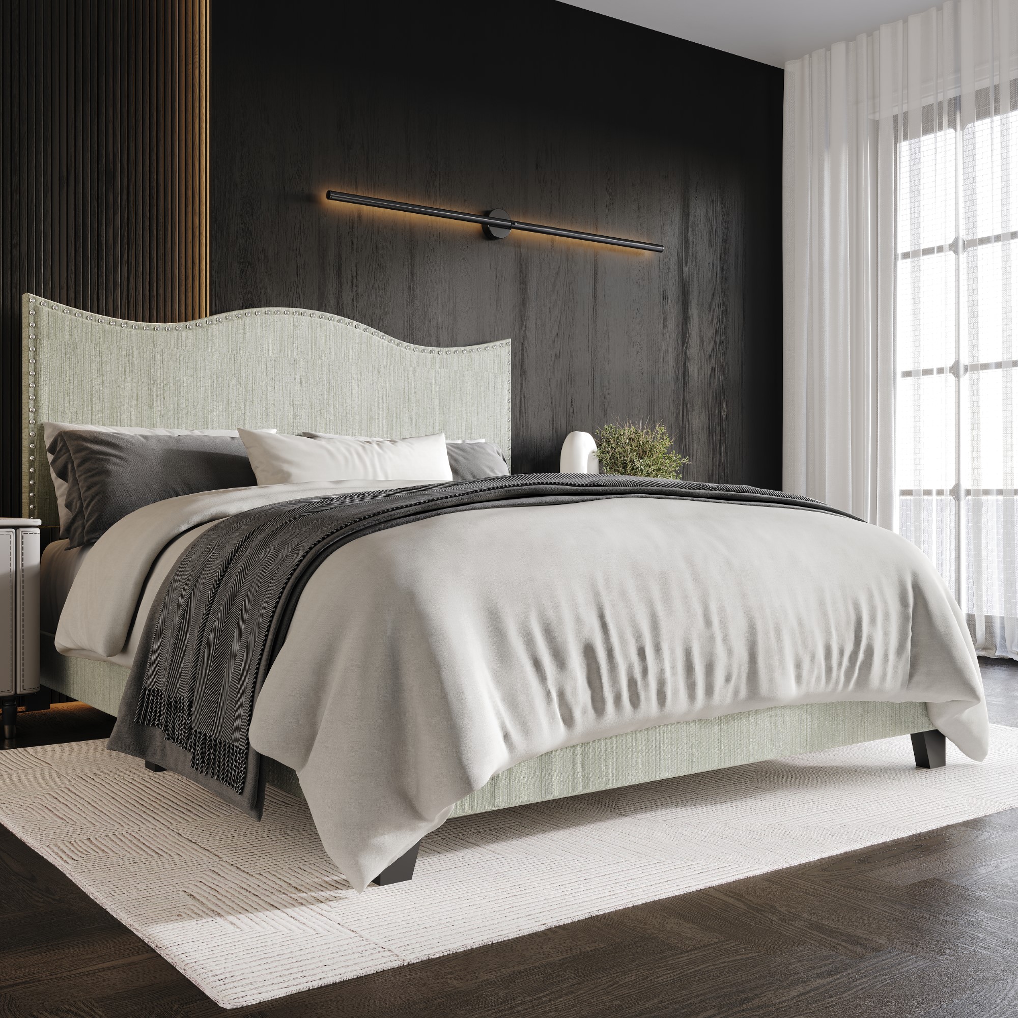 Home Design Anderson Queen Upholstered Panel Bed with Tufted Wingback Headboard and Foam Cushioning, Light Gray, Easy Assembly