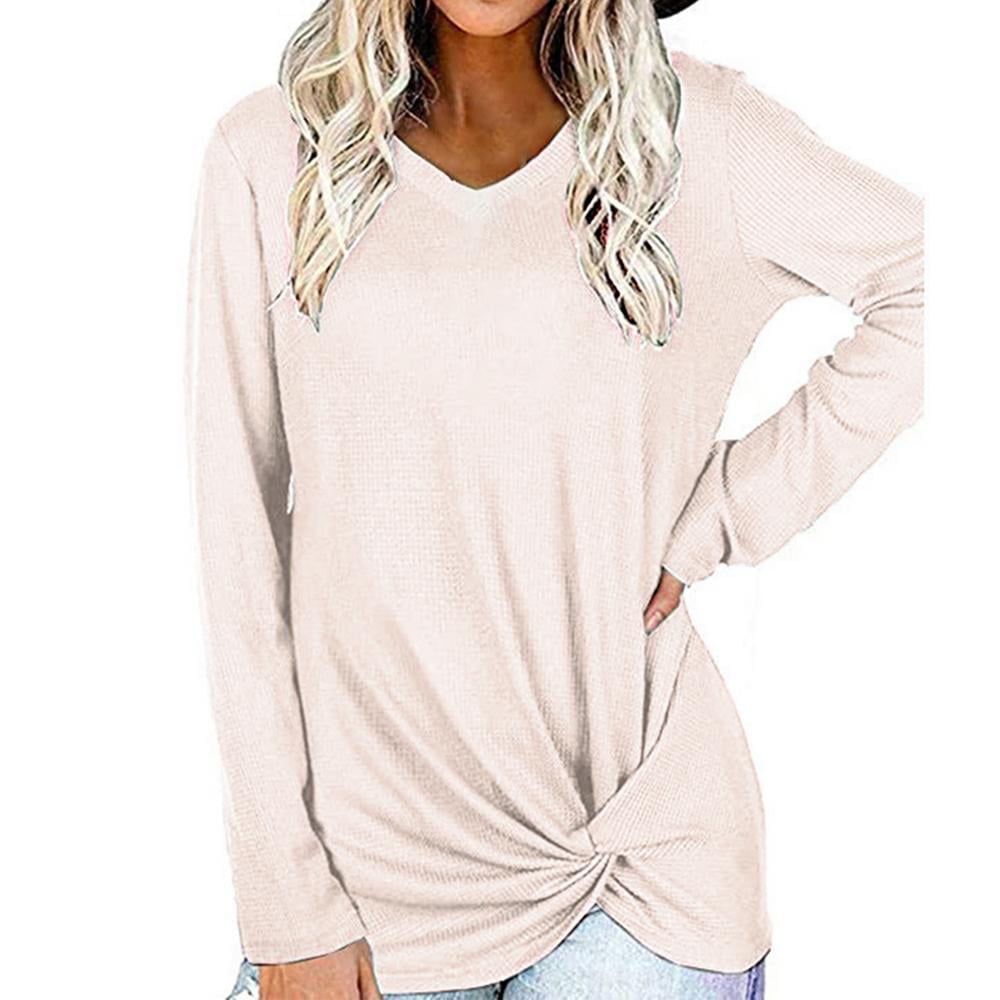 Womens Comfy Casual V Neck T Shirts Long Sleeve Loose Twist Knot Tunic Tops Blouse