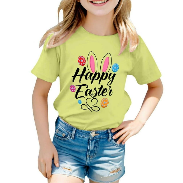 PMVFHDE Tenue de Pâques pour Filles T-Shirt Graphique de Pâques / Imprimé Lapin & Œuf Manches Courtes Col Rond / Tee-Shirt en Coton Doux pour Tout-Petit / Tenue Décontractée Printemps Été Vert Clair, 8-9 Ans