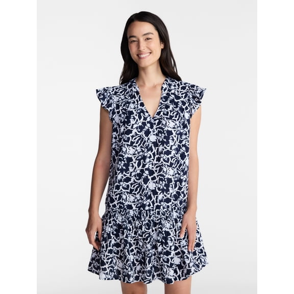 Time and Tru Women's Double Cloth Mini Dress with Flutter Sleeves, Sizes XS-XXXL
