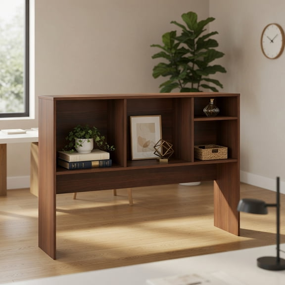Resenkos Computer Desktop Bookcase with 4 Cubbies and Open Back Compartment, Storage Organizer for Office, Workspace, Walnut