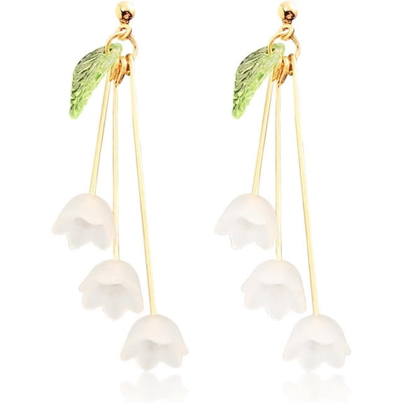 Lily Flower Tassel Earrings Gold Plated Elegant Fairy White Lily Bell Orchid Petal Green Leaf Plant Chandelier Long Nature Dangle Drop Earrings for Women Spring Summer Holiday Fashion Jewelry Gifts