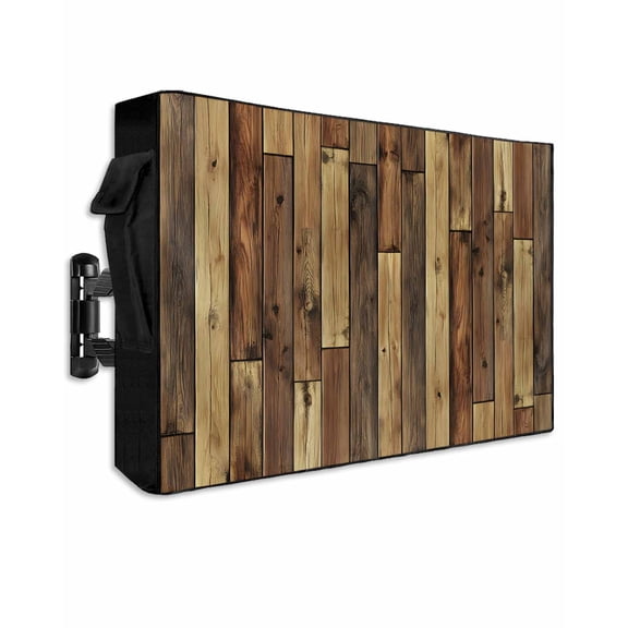 Outdoor TV Cover 30 to 32 Inch Weatherproof, Rustic Farmhouse Waterproof TV Screen Protector for Outside Decor with Zipper and Pocket 30"L x 19"H  , Brown Wood Textured