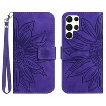Mantto for Samsung Galaxy S22 Ultra 6.8 inch Wallet Case with Wrist Strap,Stylish Sunflower Embossed PU Leather Shockproof Protective Magnetic Flip Stand Card Slots Protective Phone Cover,Darkpurple