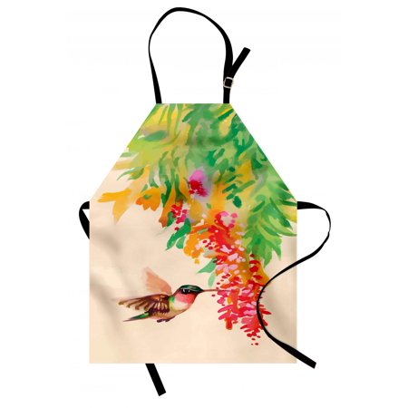 - Hummingbird Apron Image of Colibri Bird and Flowers Exotic Tree Bloom in Watercolor Effect, Unisex Kitchen Bib Apron with Adjustable Neck for Cooking Baking Gardening, Green Red Beige, by Ambesonne