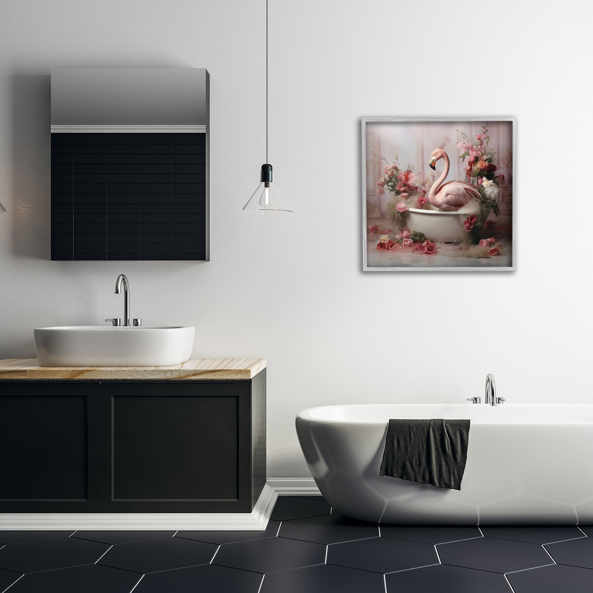 Stupell Industries Flamingo in Stately Bathroom Animals & Insects Painting Gray Framed Art Print Wall Art, 24 x 24