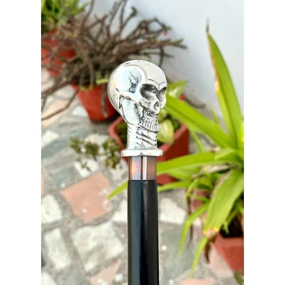 Silver Skull Walking Cane, Unique Gothic Walking Stick, Custom Skull Handle Cane