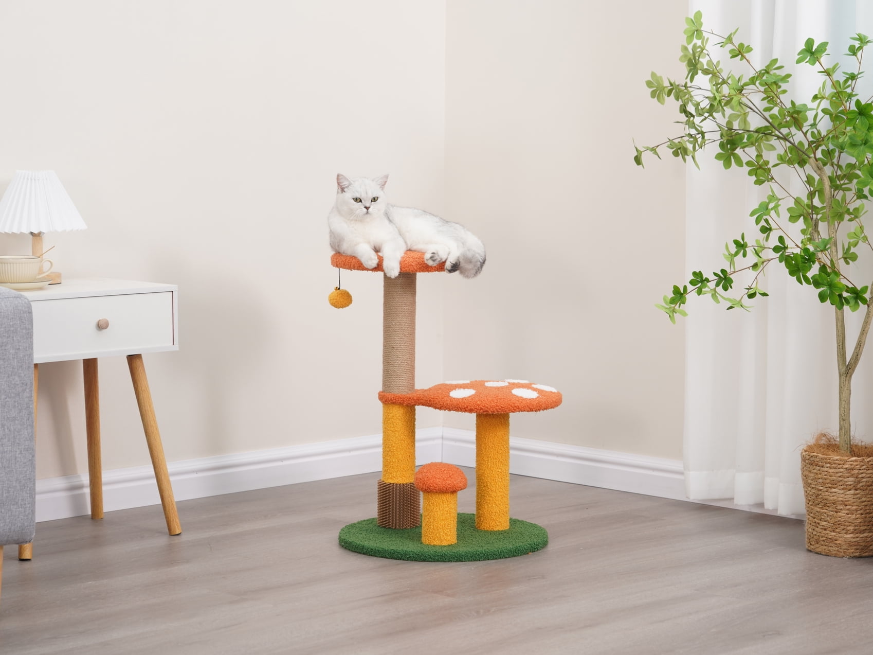 Vibrant Life 3-Level 24.8" Mushroom Stylish Cat Perch with Scratching Post, Orange & Green