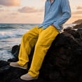 thumbnail image 6 of Nestiefly Mens Cotton Linen Pants, Casual Fabric Loose Comfort Trousers Drawstring Pockets Golf Pants Yellow 3XL, 6 of 6
