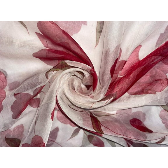 Silk chiffon printed fabric white with wine floral 44" wide [15461]