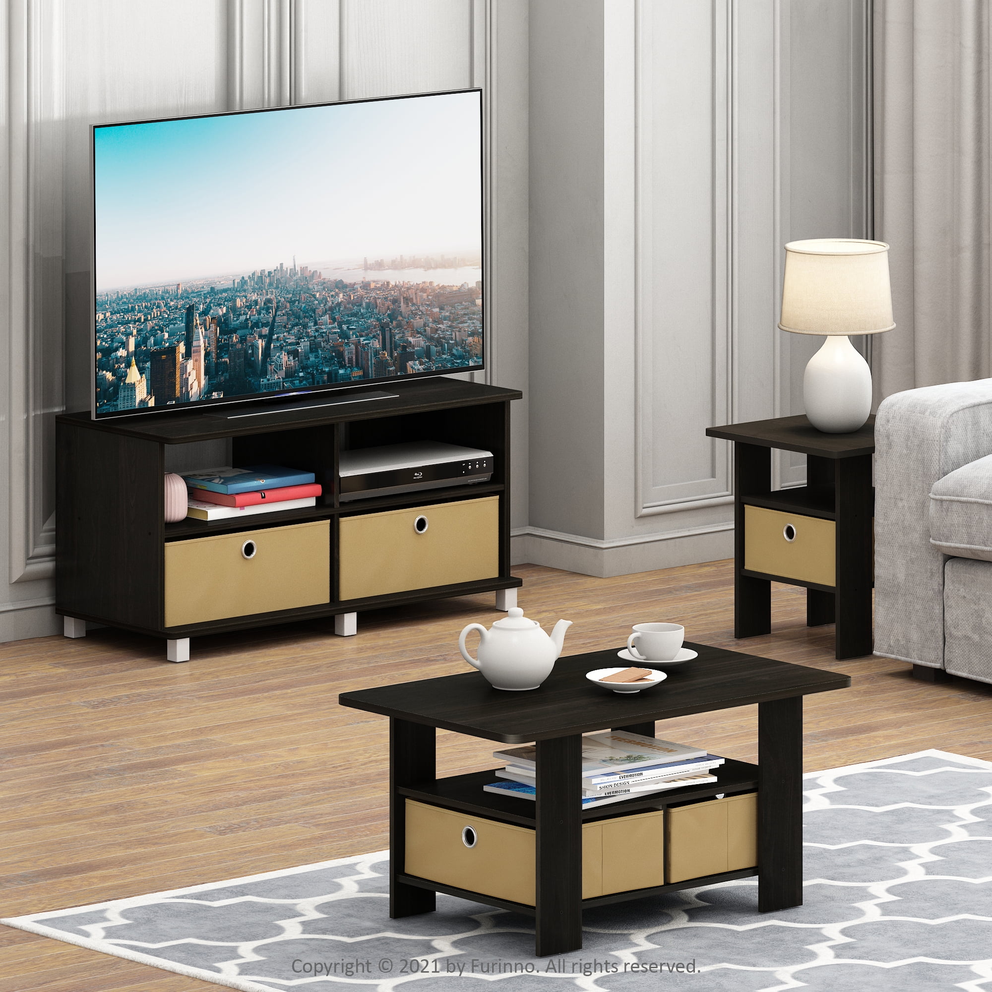 Furinno Andrey Coffee Table with Bin Drawer, Black/Beige