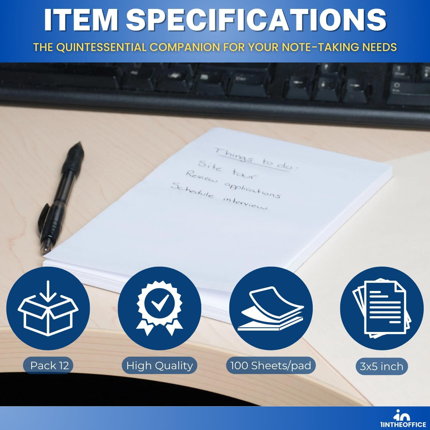 1InTheOffice Memo Pads, Memo Note Pads, Unruled Glued Top White Scratch Pads, 3x5, 100 Sheets, 12/Pack