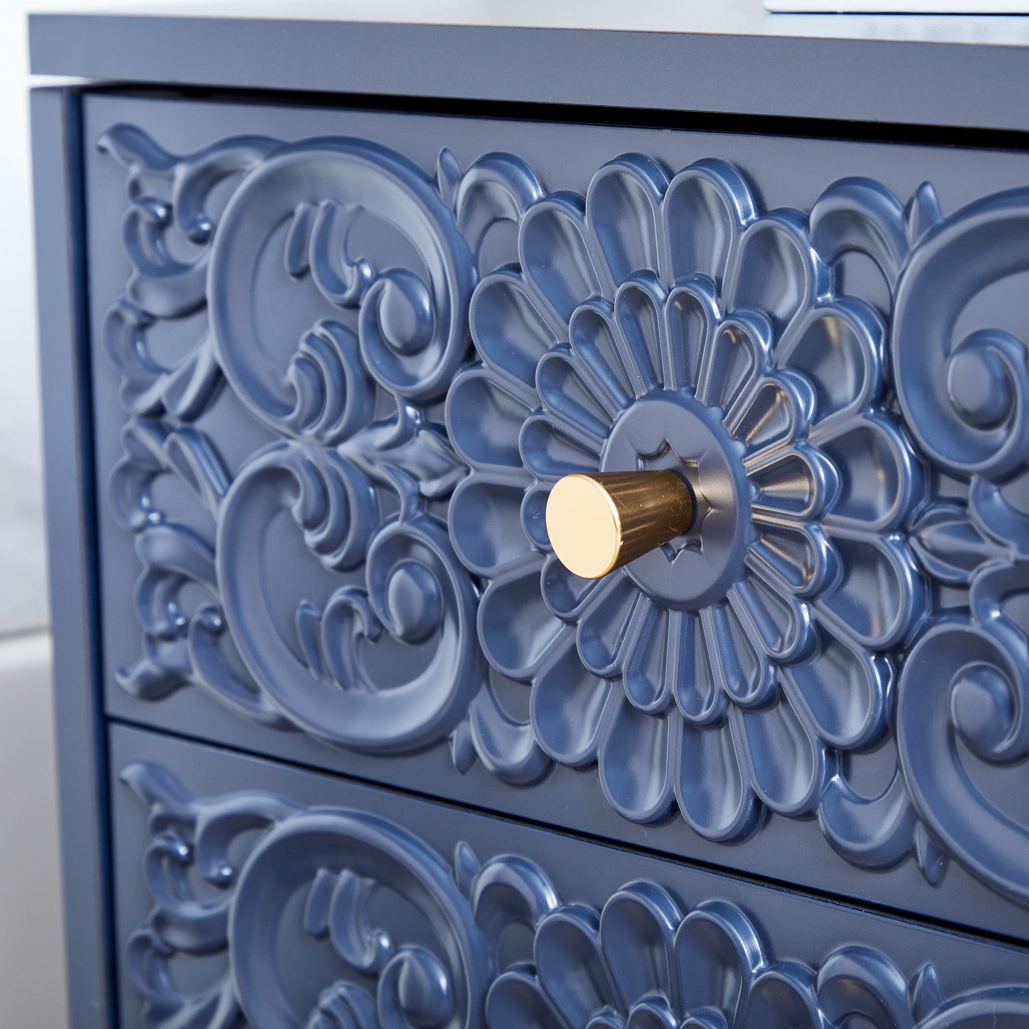 Wirrytor Vintage Short Nightstand with 2 Drawers, Bedside Table 2 Drawer Dresser with Embossed Pattern, Storage End Table with Wooden Legs for Bedroom & Living Room,Blue