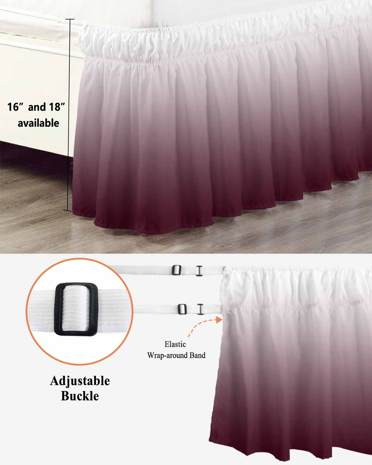 Romantic Burgundy Bed Skirt King Size 18" Drop Gradient Ruffled Wrap Around Bed Skirts Adjustable Elastic Bedskirt Dust Ruffle for King Size Bed