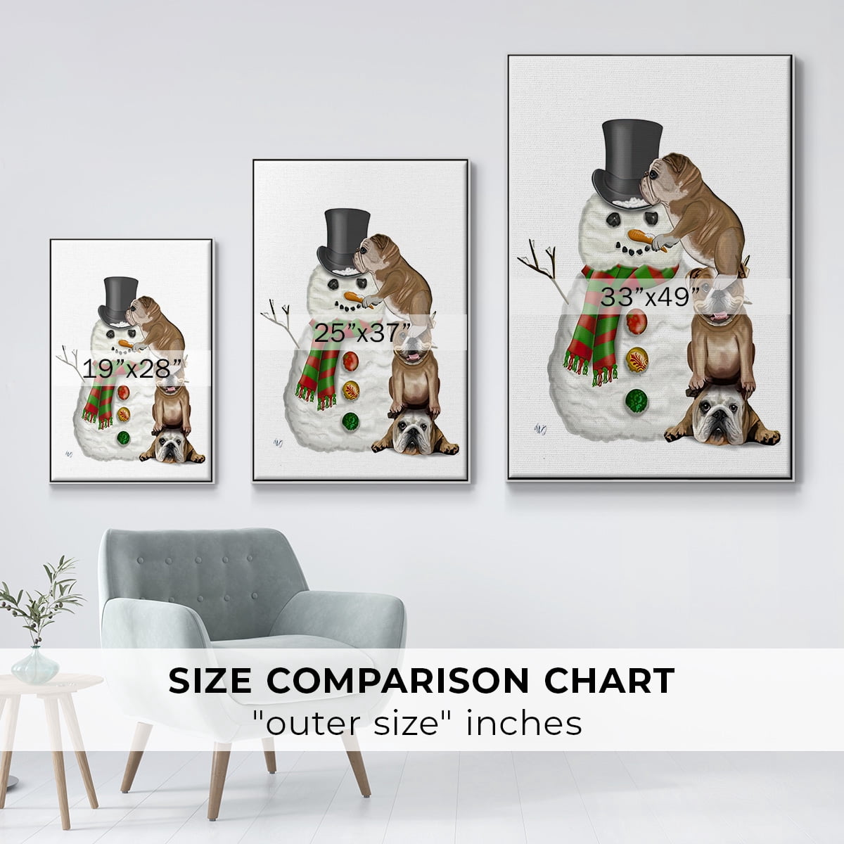 Christmas English Bulldogs Building Snowman - Framed Gallery Wrapped Holiday Canvas - 17 x 25 - White Frame