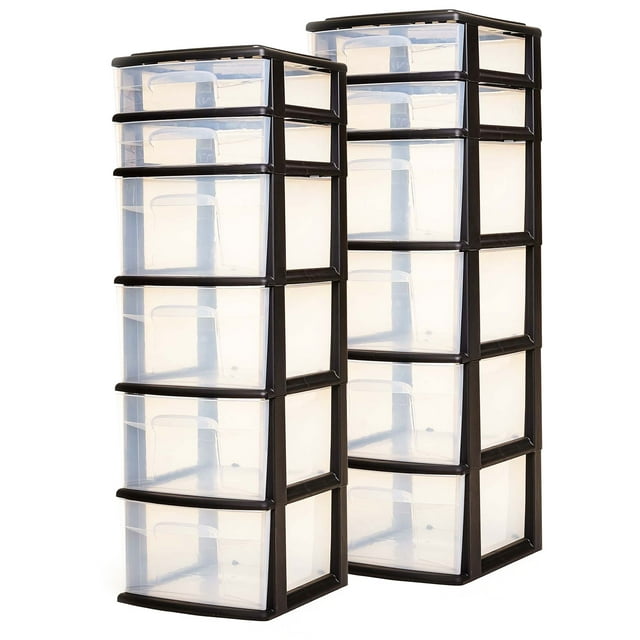 Homz Tour de Rangement Domestique en Plastique à 6 Tiroirs Transparents, Noir (Lot de 2)