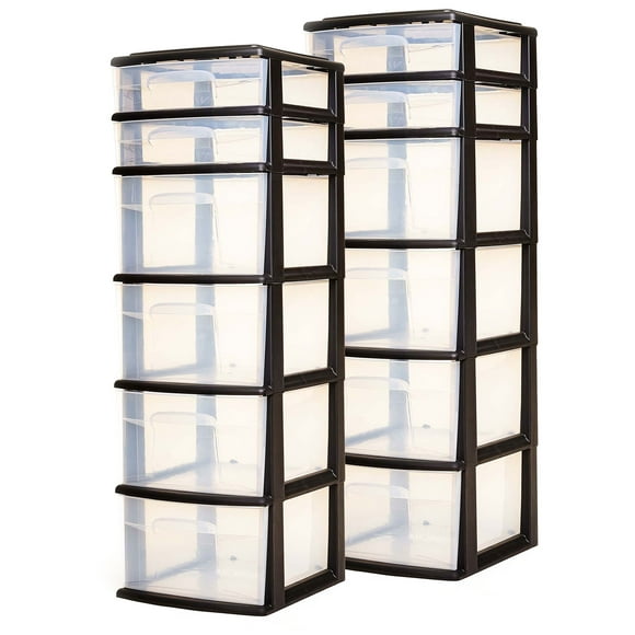 Homz Plastic 6 Clear Drawer Home Storage Container Tower, Black (2 Pack)