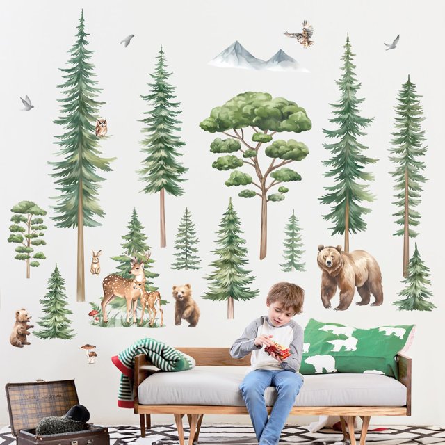 Adhesivos de pared decalmile con pinos y animales del bosque