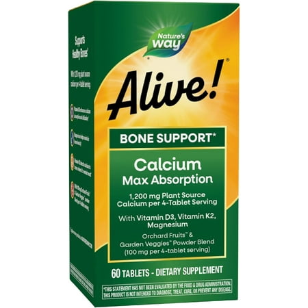 Nature’s Way Alive! Calcium Bone Support*, Max Absorption, Plant Source Calcium, 60 Tablets