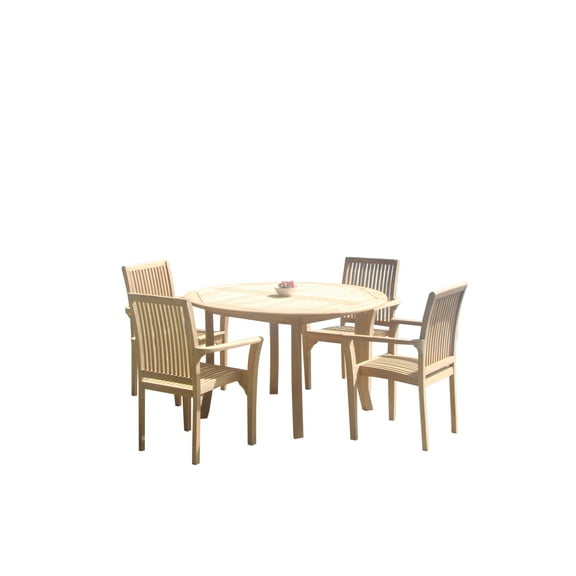 Grade-A Teak Dining Set: 4 Seater 5 Pc: 52" Round Table And 4 Lua Stacking Arm Chairs Outdoor Patio WholesaleTeak #51LU1105