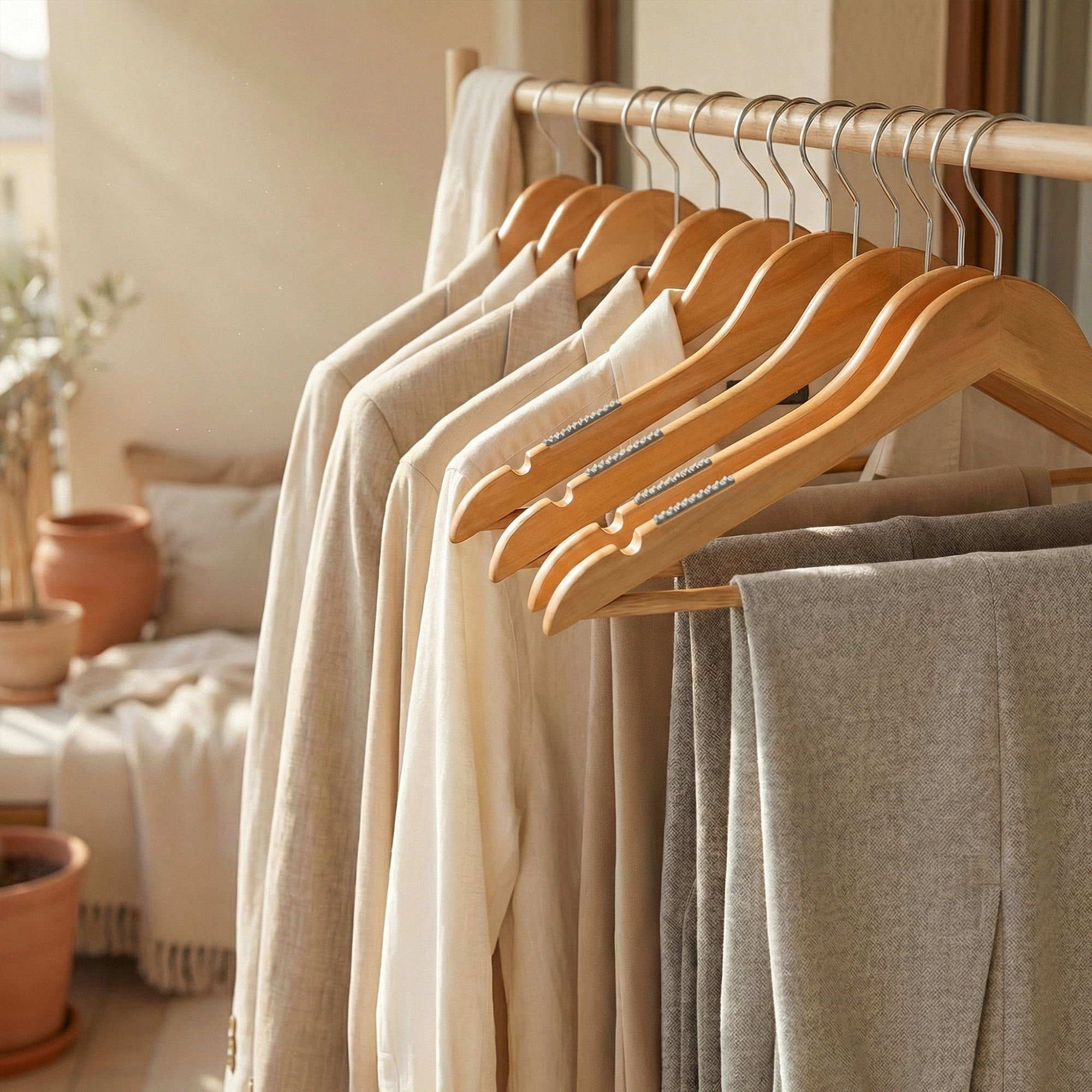 Unique Bargains 2Pcs Wood Durable Space Saving Home Clothes Hangers Light Brown
