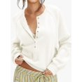 thumbnail image 4 of Women Henley Neck Half Button Drop Shoulder Loose Long Sleeve Knit Pullover Sweater Cream White XL, 4 of 9