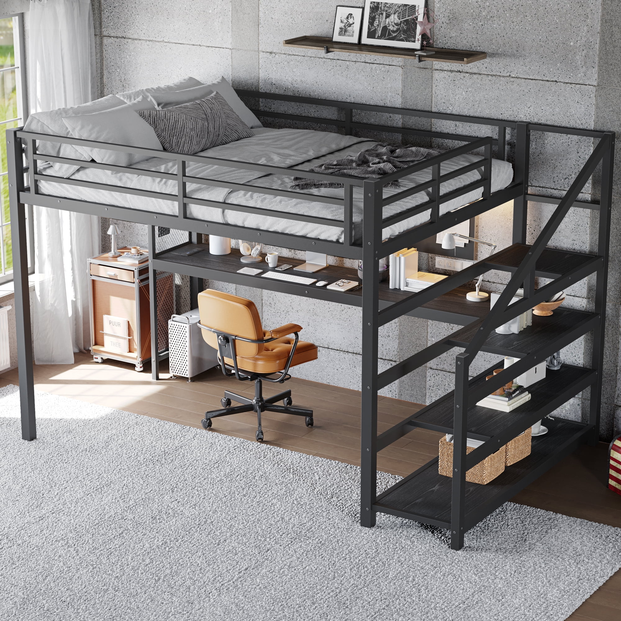 Aukfa Queen Size Metal Loft Bed with Desk and Storage Stairs, Heavy-Duty Bed Frame with USB Ports & LED Lights for Teens, Kids & Adults, Black