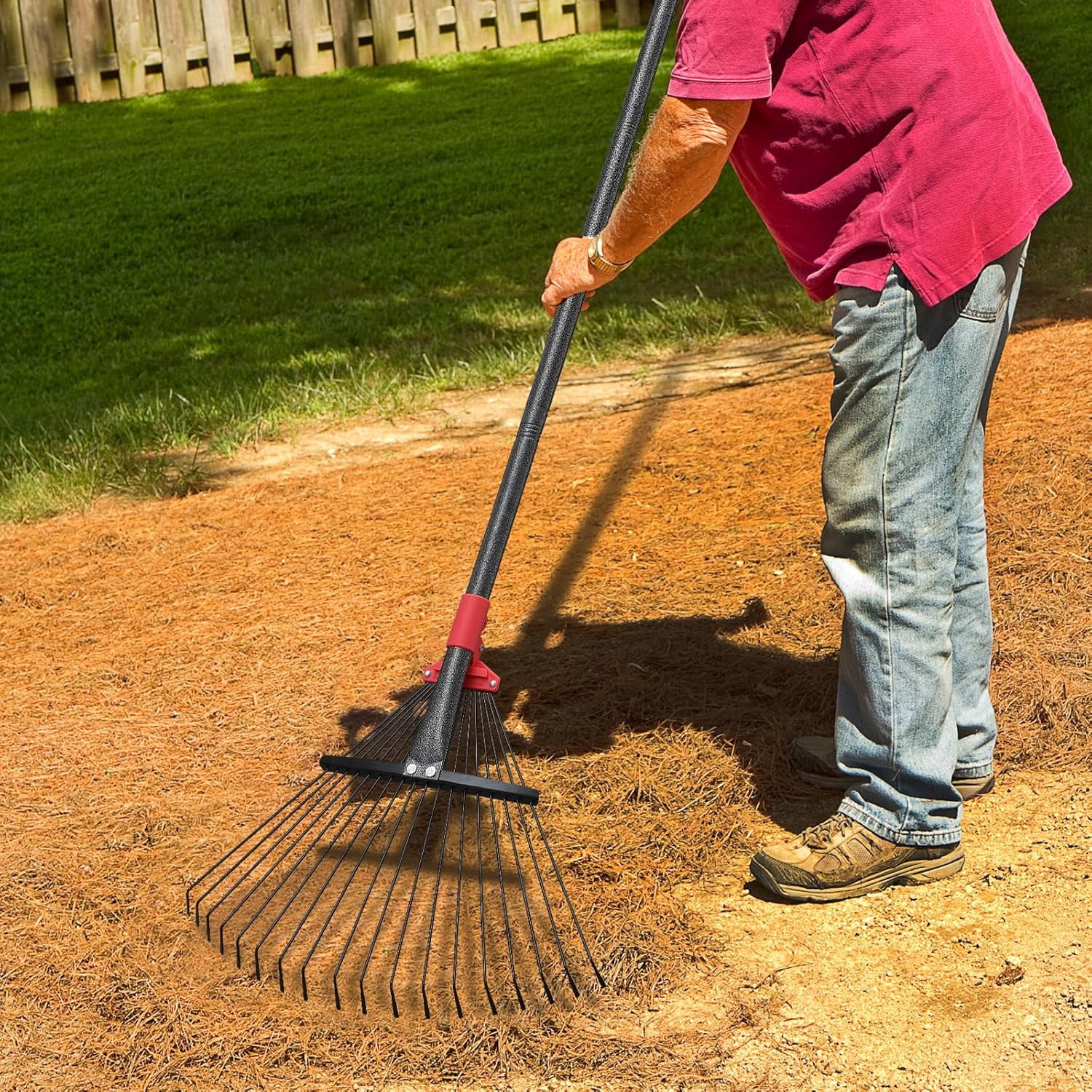 AEASKIEY Adjustable Leaf Rake with Expandable Head 8-17'', 60'' Long Handle Garden Rakes for Lawns, Heavy Duty for Gardening RV Camping, Red