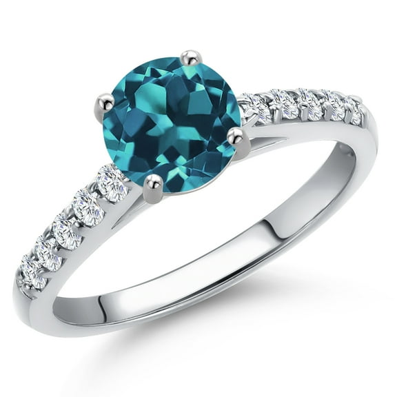 Gem Stone King 10K White Gold London Blue Topaz and Lab Grown Diamond Engagement Ring for Women | 1.53 Cttw | Round 6.5MM | Gemstone November Birthstone | Size 9