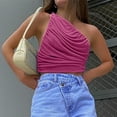 thumbnail image 6 of Women's Summer One Shoulder Crop Tops Sleeveless Solid Color Ruched Tank Tops Vest Blouses for Beach, Holiday, 6 of 7