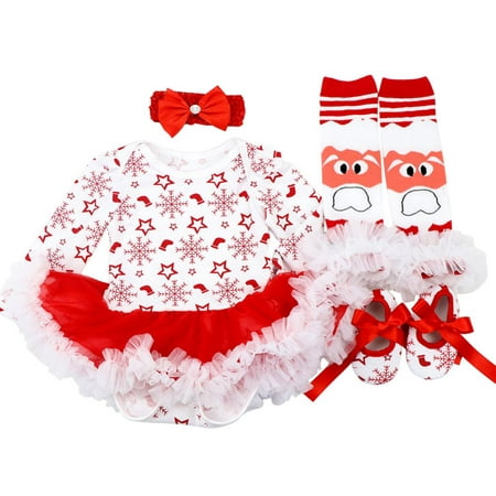

Promotion!4pcs/set Infant Baby Girls Christmas Outfits Newborn Long Sleeve Romper Tutu Dress+Headband+Striped Leg Warmers+Shoes 0-18M
