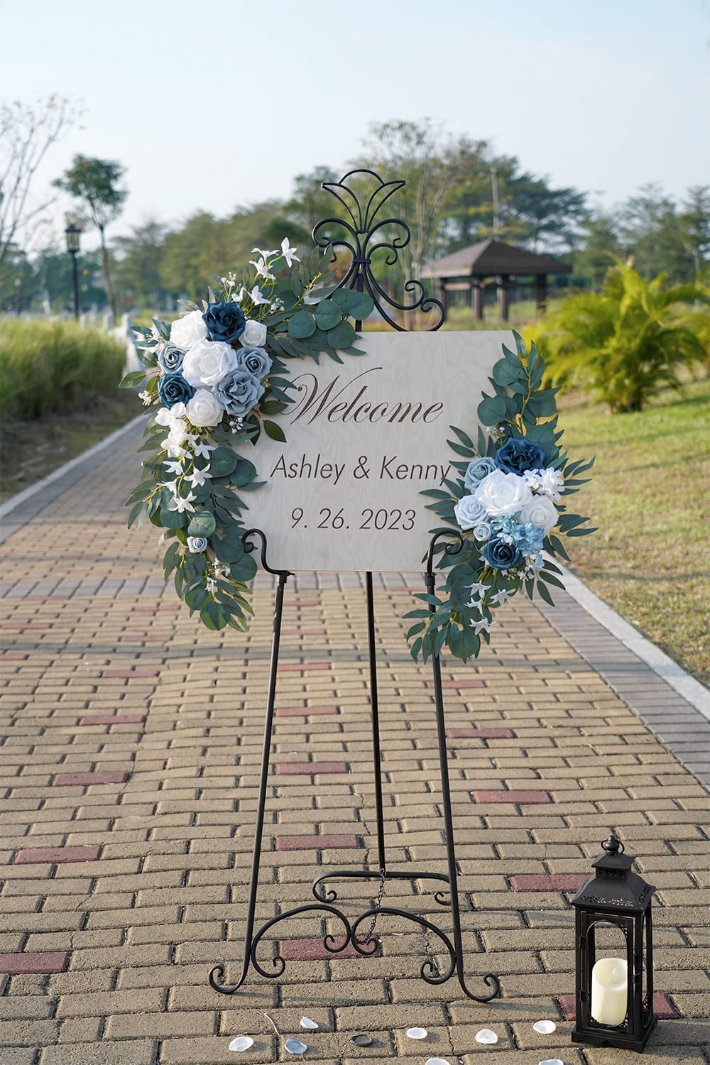 Auto Beyond Wedding Arch Flowers , Artificial Dusty Blue Flowers & Welcome Signs Decorations for Wedding Ceremony Reception(Pack of 2)