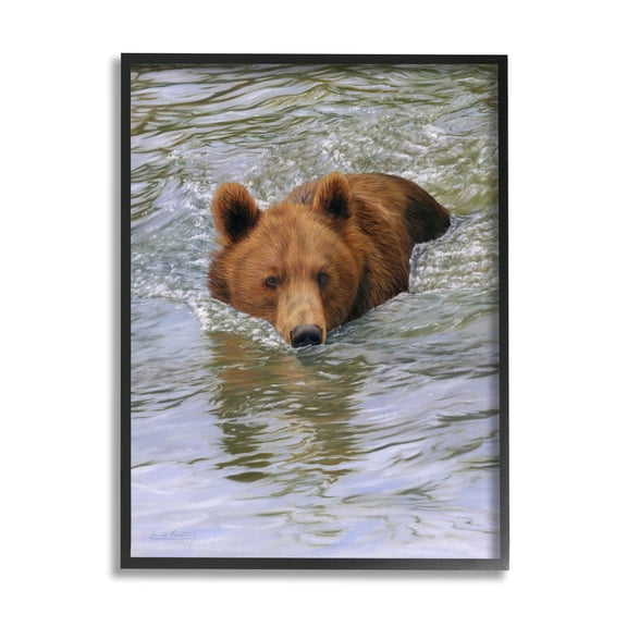 Brown Bear Lake Water Splash Animals & Insects Photograph Black Framed Art Print Wall Art
