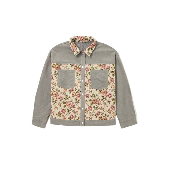 Women's Medium Grey Corduroy Floral Patchwork Jacket – Vintage V-Neck Long Sleeve for Daily Casual Wear, 4X