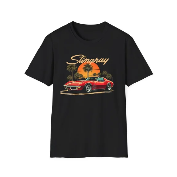 VINTAGE Classic Corvette Stingray TShirt Red C3 Muscle Car Sunset Palm Trees Graphic Tee