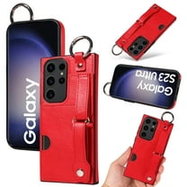 for Samsung Galaxy S23 Ultra Wallet Case with Card Holder, Hand Wrist Strap Loop Holder Kickstand, Finger Grip Ring Buckle PU Leather Double Buttons Shockproof Cover for Samsung Galaxy S23 Ultra, Red
