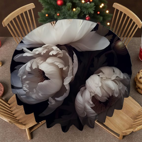RKSupls White Peonies Dark Background  Soft, Festive Table Setting - Kitchen Accessories Round Tablecloth, Wedding, Party, Home Dining
