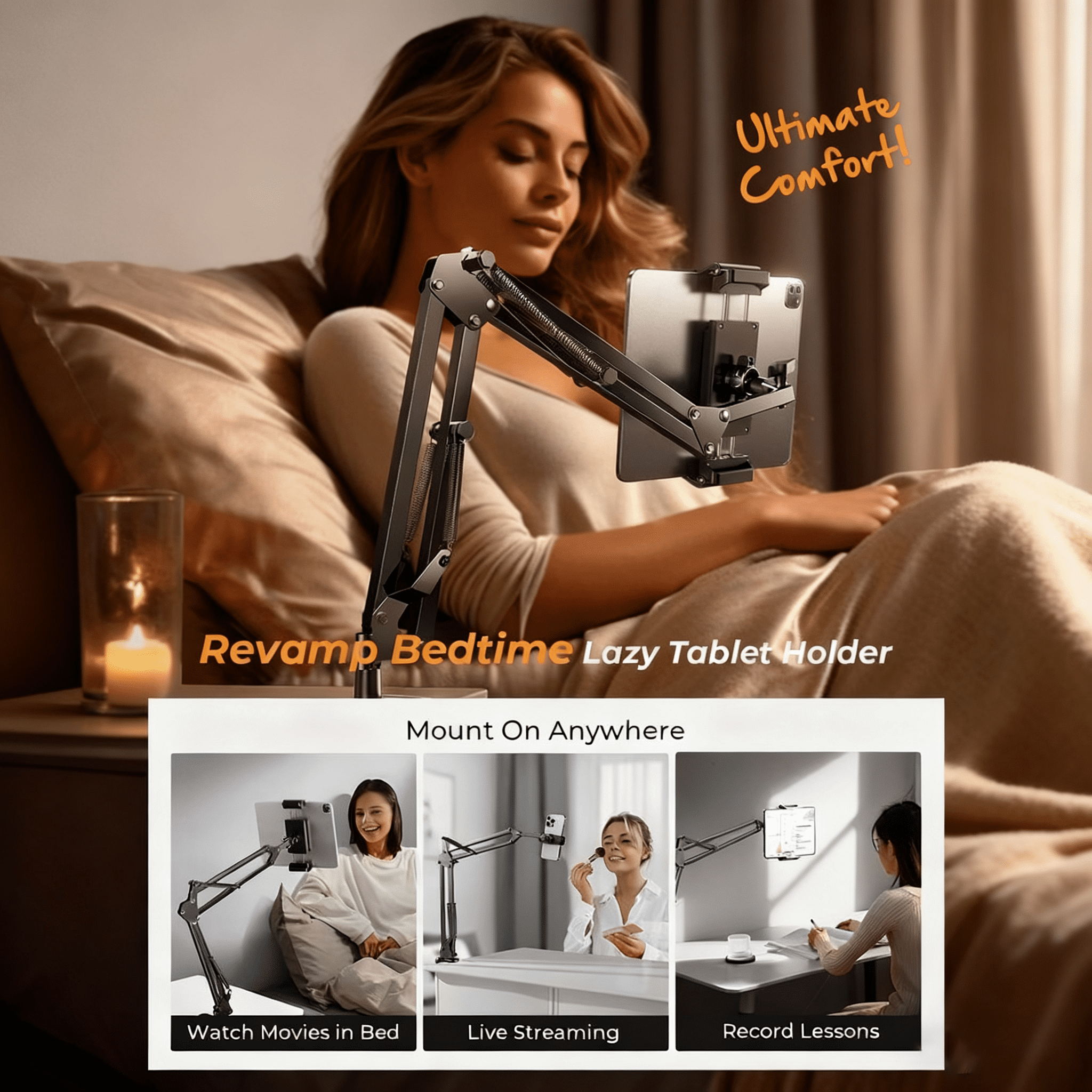 TIKBBRMG Adjustable Tablet Phone Holder for Desk Bed, Adjustable Tablet Phone Stand for Bed, Flexible Tablet Arm Clamp Compatible with iPhone 17 16 15 Pro iPad Kindle Galaxy Tab 4.7-12.9 Inch