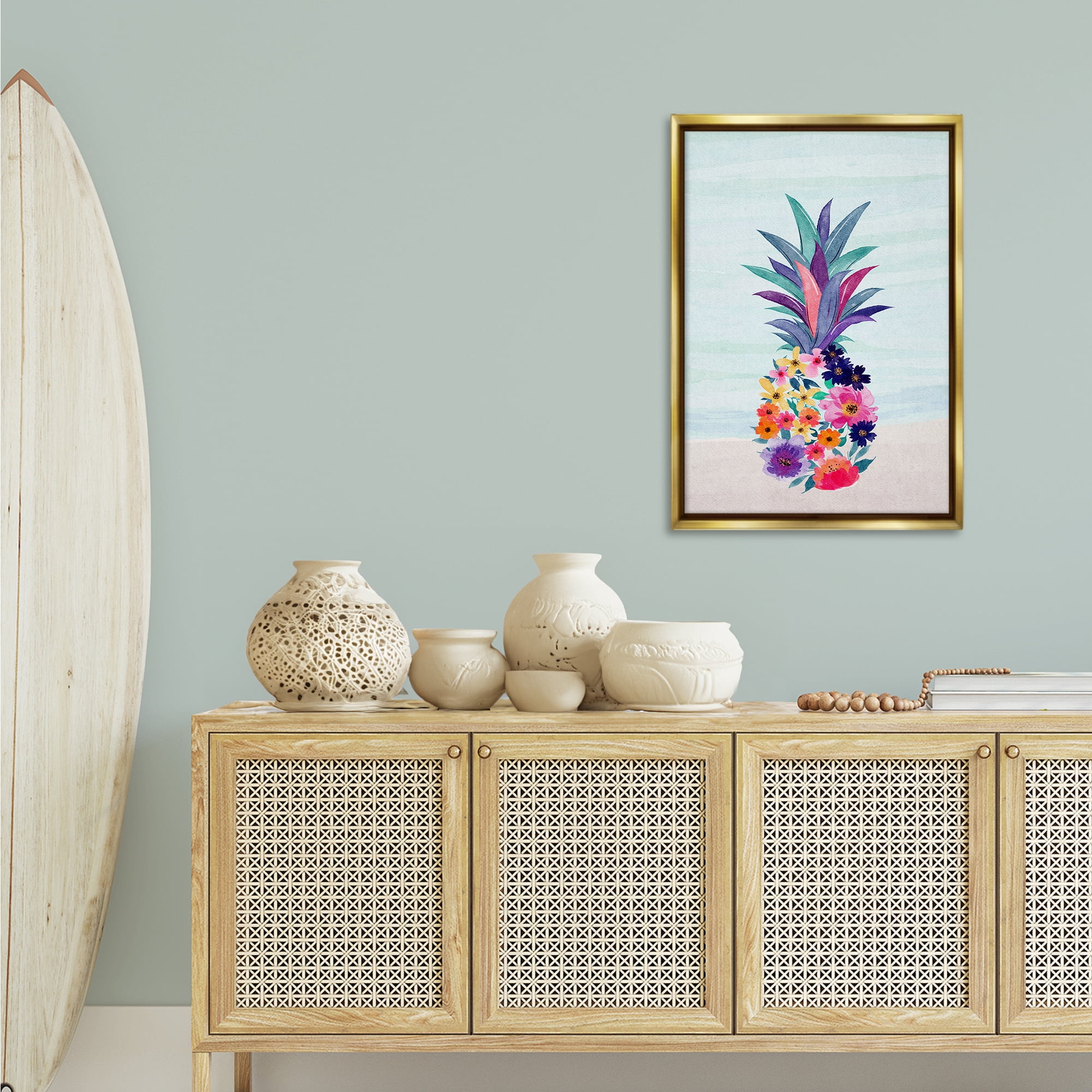 Stupell Industries Floral Pineapple Beach Plants & Flowers Painting Gold Floater Framed Canvas Art Print Wall Art, 21 x 31