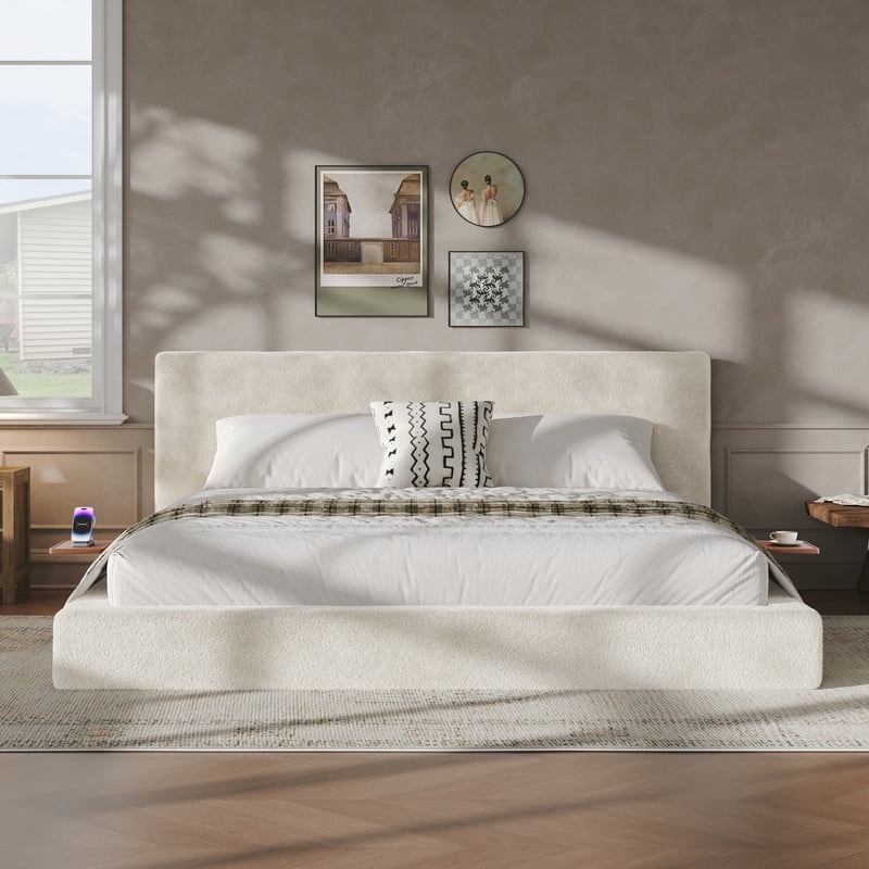 Howcool King Size Low Profile Bed Frame with Adjustable Sliding Side Table,Upholstered Bed,No Box Spring Needed,Easy Assembly