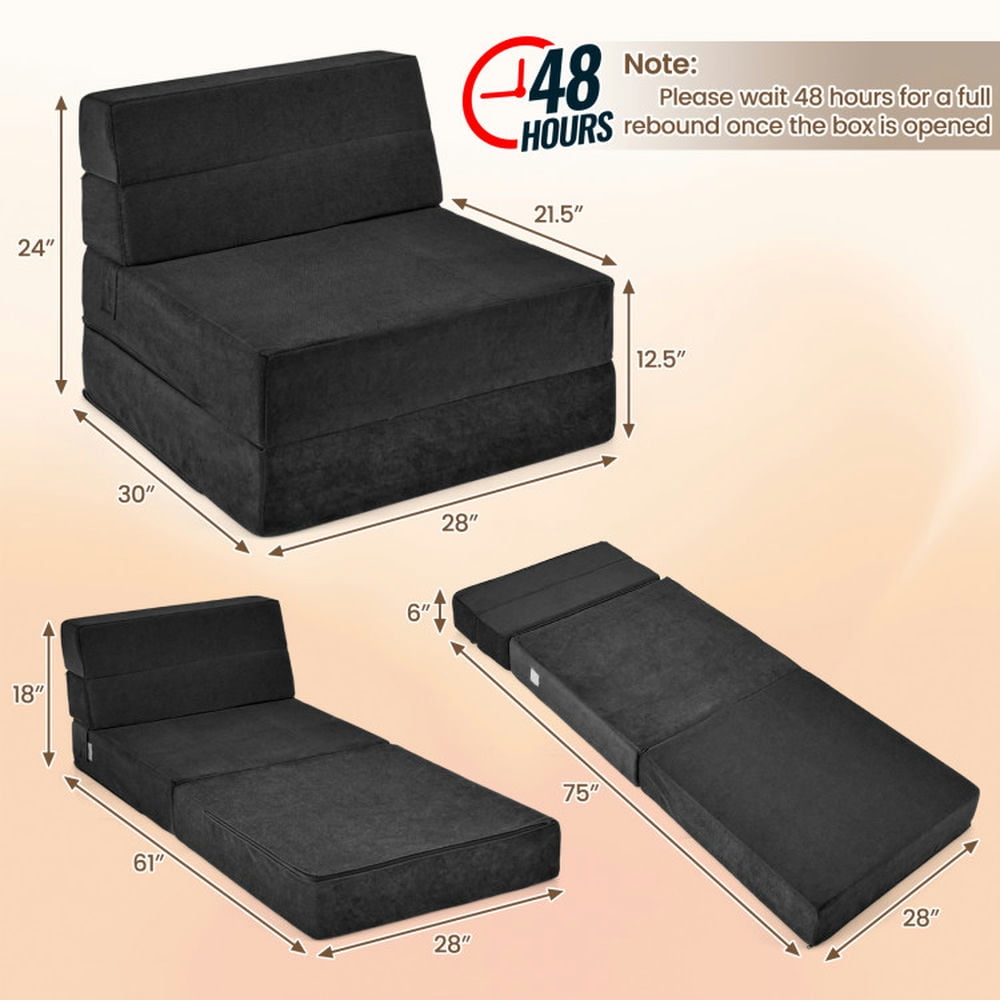 Finihen Sofa Bed, Folding Sofa Bed Couch, Tri-fold Folding Sleeper Sofa Bed, for Living Room, Bedroom, Black