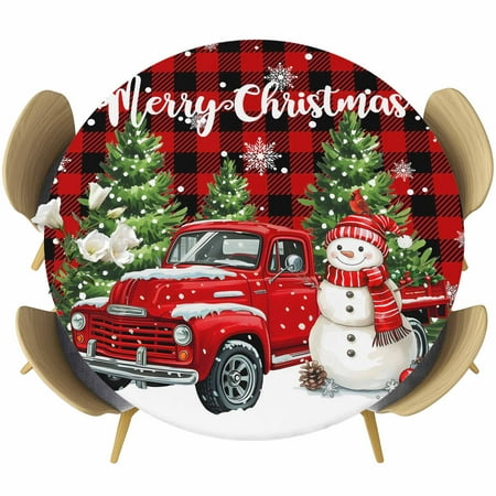 Christmas Snowman Truck Round Tablecloth Fitted Table Cover with Elastic for 45 -54 Round Tables Red Plaid Xmas Trees Snowflake Table Cloth Outdoor Indoor Dinning Party Waterproof Tablecloths