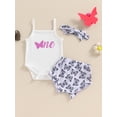 thumbnail image 4 of Aojekbee Baby Girl Birthday Clothes Butterfly Print Sleeveless Romper and Elastic Shorts Headband Set 3 Piece Outfits, 4 of 10