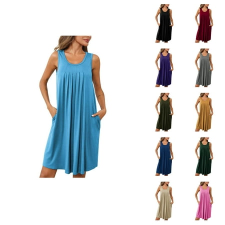 Ahuyic Womens Summer Casual Dress Womens Plus Size Dress Womens Nightgown With Pockets Sleep Shirts Sleeveless Sleepwear Pleated Front Nightshirt Round Neck Nightdress Green XL