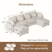 BedLuxury 140 Extra Large Modular Sectional Cloud Sofa with 2 Removable Storage Ottoman, Extra Deep Seat Couch, Living Room Furniture, Chenille Beige